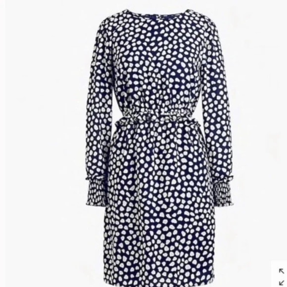 J.Crew Navy Ivory Dot Print Long Sleeve Dress Size 4 Smocked Cuffs Classic